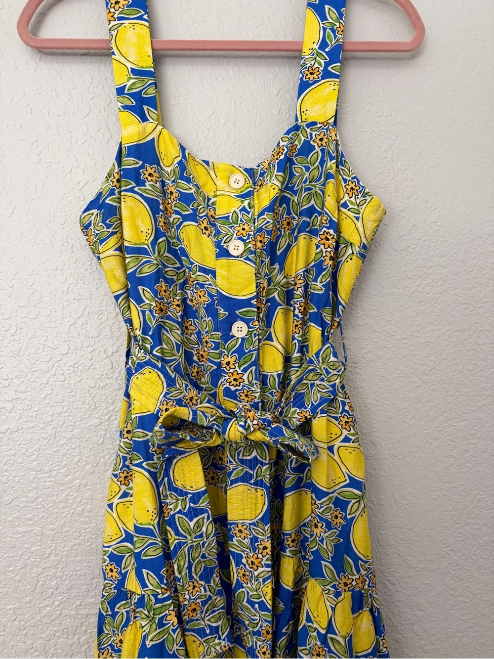 NWOT Yellow & Blue Lemon-Print Midi Dress with Tie Waist - Picture 3 of 16
